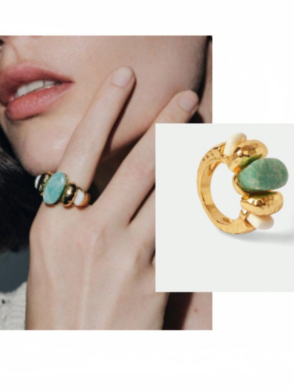 New Big Bol Statement Gold Ring Green White Stones